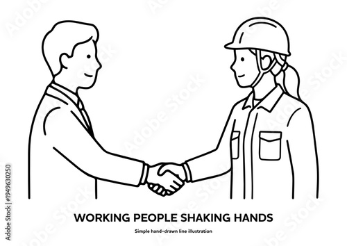 握手するビジネスマンと女性作業員の白黒線画イラスト。異なる職種の協力