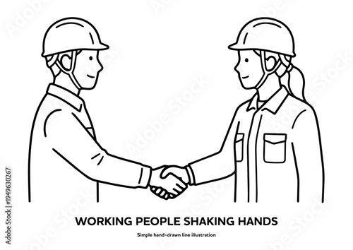 男女の現場作業員が握手する白黒手書き線画イラスト。ヘルメット・作業服姿
