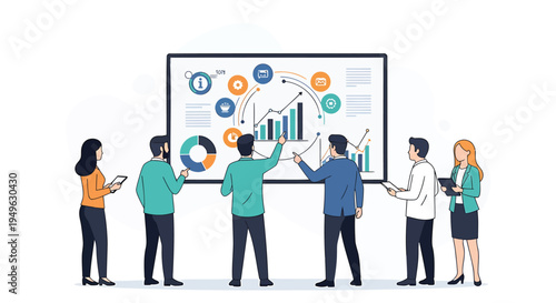 Vector illustration of business people analyzing data on a whiteboard