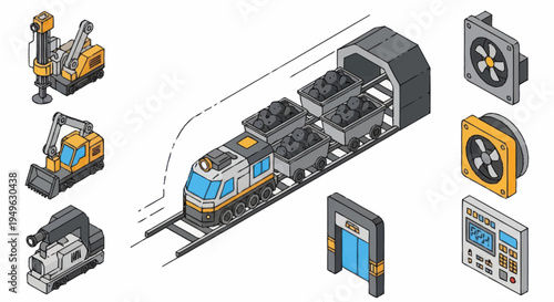 Isometric Industrial Mining Train and Equipment Illustration.