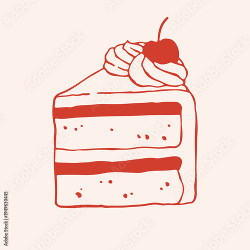 Vector illustration of a delicious layer cake slice with whipped cream and cherry on top. Hand drawn red line art of festive sponge cake piece for bakery branding and birthday cards