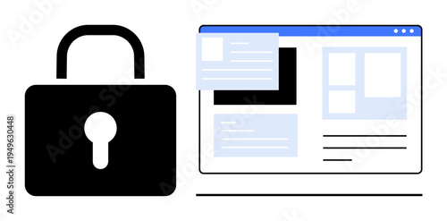 Data security, online protection, privacy, network safety, web interface, and authorized access. A lock and a web page side by side. Online protection and data security concept