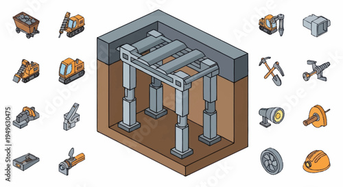 Isometric Construction Site Elements and Building Structure.