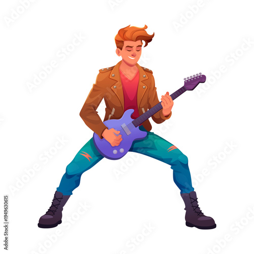 Young Rock Guitarist Playing Electric Guitar In Energetic Pose Wearing Leather Jacket And Boots