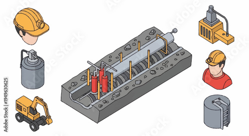 Industrial Manufacturing Process Equipment and Safety Gear Illustration.