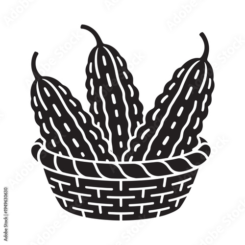 A black and white illustration of bitter melons in a woven basket