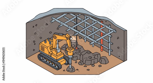 Excavator digging in underground construction site with support beams.