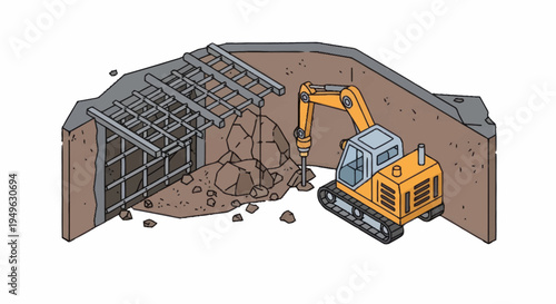 Excavator Demolishing Structure with Rocks and Debris.