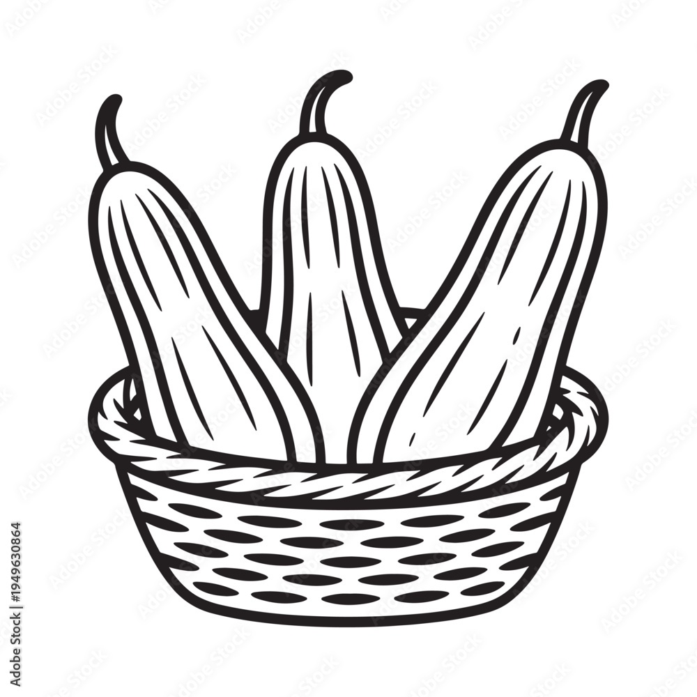 Obraz premium A black and white illustration of cucumbers in a woven basket