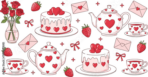 Romantic Valentine's Day tea party vector set with heart decorated cakes, teapots, roses, and love letters in line art style.