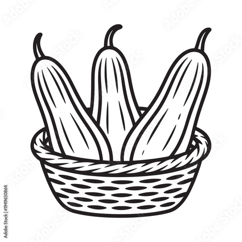 A black and white illustration of cucumbers in a woven basket