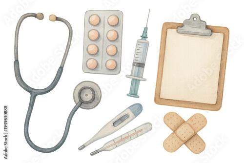 Png watercolor medical set with stethoscope, pills, syringe, thermometers and clipboard on transparent background. concept of healthcare clip art, doctor tools, medical illustration