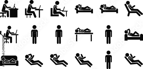 Stick figure man in various poses silhouette vector set showing working, sitting, standing, and resting positions.
