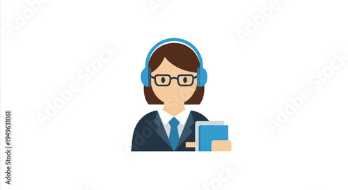 Cartoon woman wearing headset and glasses.