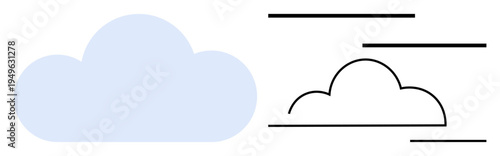 Cloud technology, weather forecast, nature concept, online storage, communication networks, environmental design. Minimal blue cloud alongside outlined cloud design. Cloud technology and weather