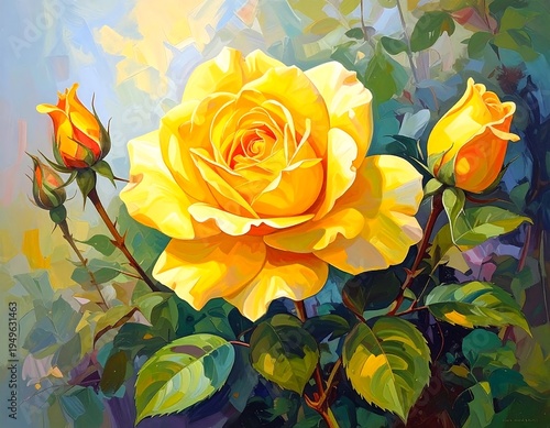 Yellow Rose Painting with Buds and Leaves.