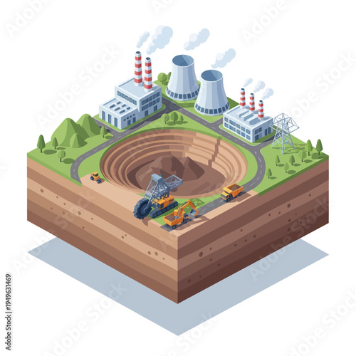 Isometric Open Pit Mine and Industrial Complex with Heavy Machinery.