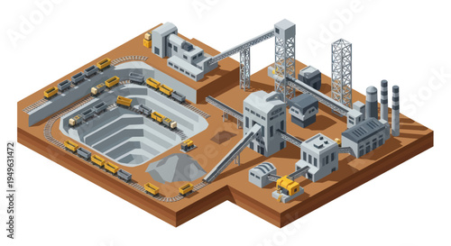 Isometric Mining Operation with Open Pit and Processing Plant.