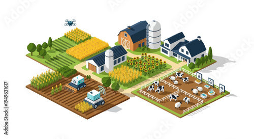 Isometric Smart Farm with Modern Agricultural Technology and Livestock.