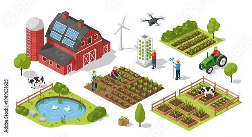 Isometric Smart Farm with Modern Agricultural Technology and Sustainable Practices.