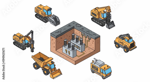 Construction Site Equipment and Building Materials Illustration.