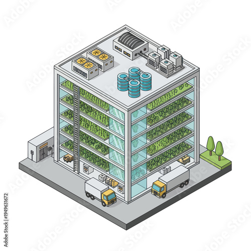 Isometric Vertical Farm Building with Hydroponic Cultivation and Delivery Trucks.
