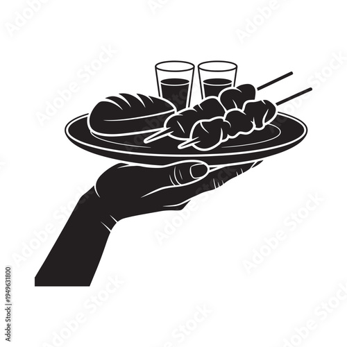 A hand presenting a platter of meat skewers bread and drinks