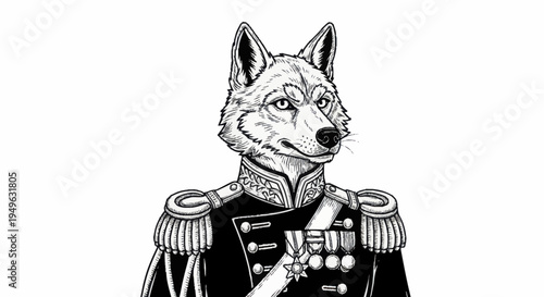 Elegant Wolf in Military Uniform Portrait.