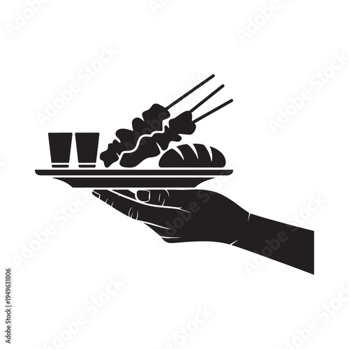 A hand presenting a platter of satay skewers bread and dipping sauce