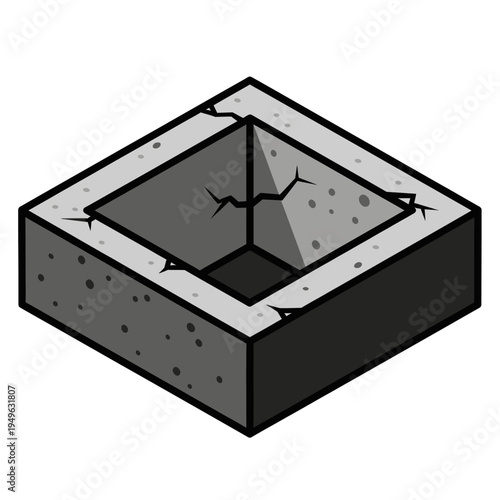 Isometric View of a Cracked Concrete Block with a Square Hole.