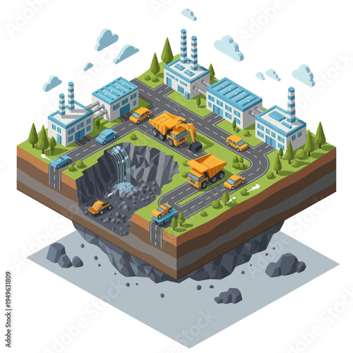 Isometric view of a coal mine and industrial complex with factories and vehicles.
