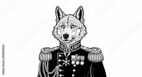 Anthropomorphic Wolf in Military Uniform Portrait.