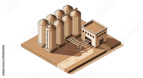 Isometric View of a Factory with Silos and Industrial Building.