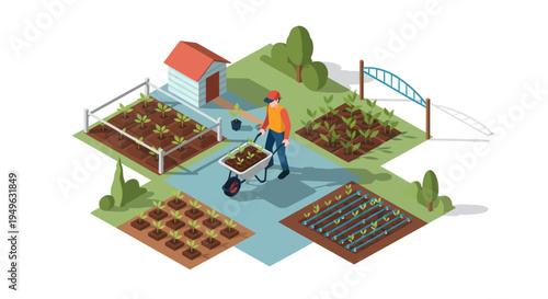 Isometric view of a gardener working in a well-organized vegetable garden.