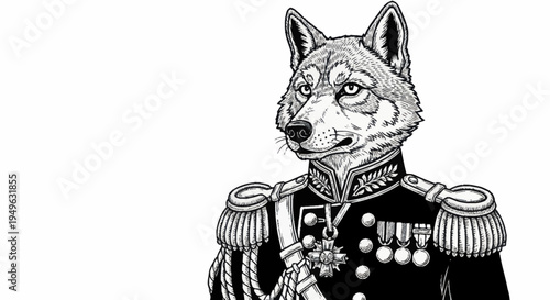 Anthropomorphic Wolf in Military Uniform Portrait.