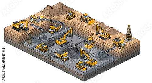 Isometric view of a large construction site with multiple heavy machinery at work.