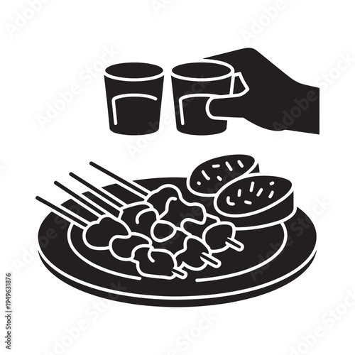 A stylized illustration of satay drinks and a plate of food