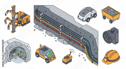 Mining Industry Equipment and Infrastructure Isometric Illustration.