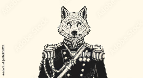 Anthropomorphic Wolf in Military Uniform Portrait.
