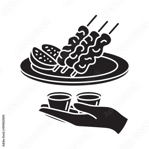 Black and white illustration of kebabs lemon and dipping sauce