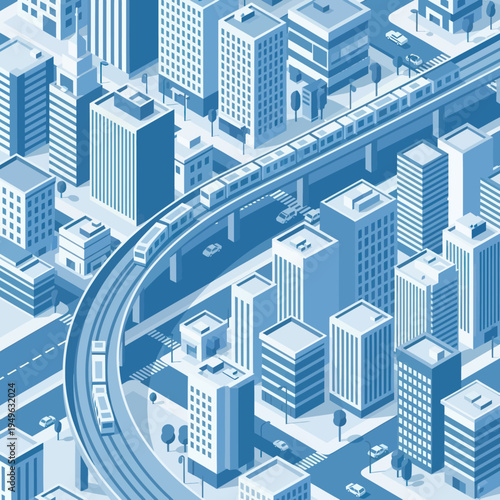 Isometric view of a modern city with an elevated train system and urban infrastructure.