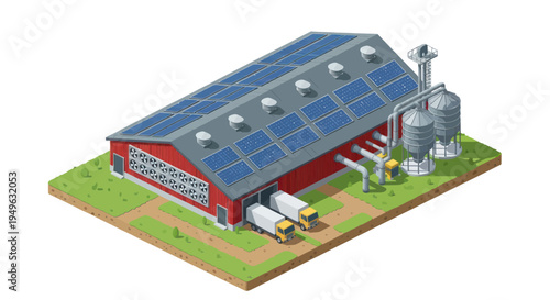 Isometric view of a modern farm building with solar panels.