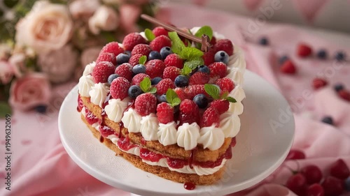 たっぷりのベリーとクリームでデコレーションされたハート型の特別なケーキ
