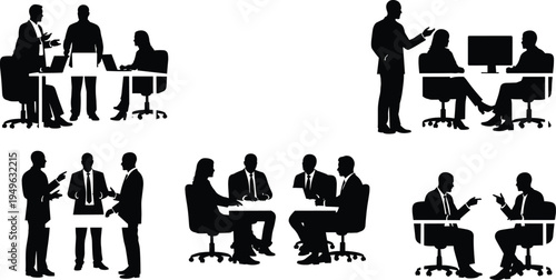 Business people meeting discussion silhouettes office teamwork negotiation presentation communication corporate professionals working together isolated vector illustration set