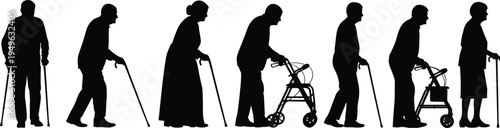 Elderly people silhouettes with walking cane and walker senior men women aging mobility support isolated vector illustration