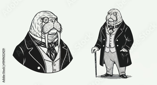 Victorian Era Walrus Gentleman Illustration.