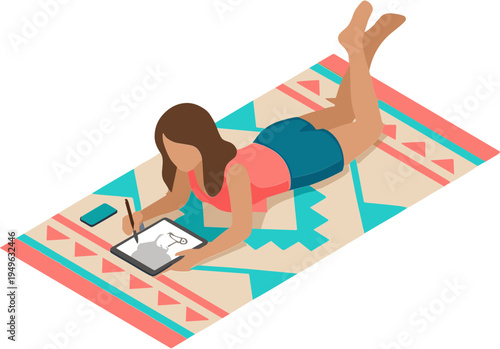 Woman lying on a colorful rug drawing on a digital tablet with a stylus