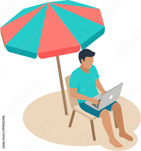 Man working on laptop under colorful umbrella on sandy beach