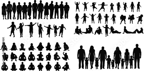 Family people and children silhouette collection vector set adults kids standing playing sitting parents with children isolated illustration