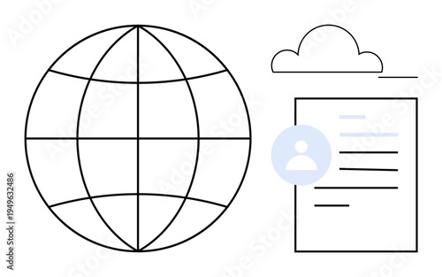 Global connectivity, cybersecurity, personal identity, cloud computing, data networks, digital profiles. A globe, a cloud and a document with user details. Global connectivity and cybersecurity ion